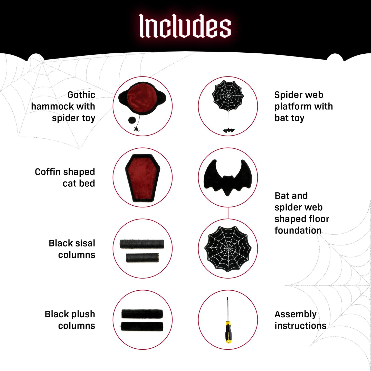 Littlesy Gothic Cat Tree with Coffin Cat Bed, Hammock, Spider & Bat Goth Cat Toys - 35 Inch Tall Coffin Cat Tree for Gothic Lovers with Luxurious Bed Experience Black and Red