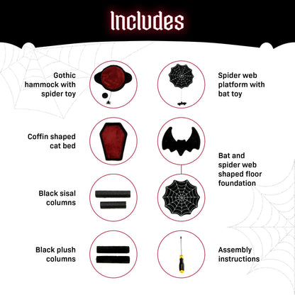 Littlesy Gothic Cat Tree with Coffin Cat Bed, Hammock, Spider & Bat Goth Cat Toys - 35 Inch Tall Coffin Cat Tree for Gothic Lovers with Luxurious Bed Experience Black and Red