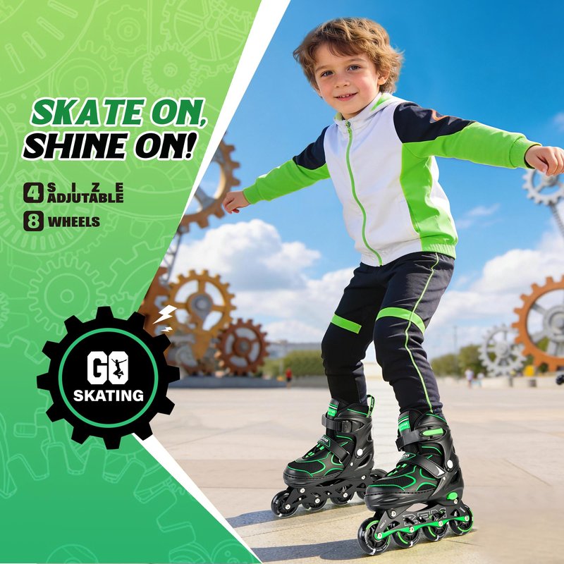 2PM SPORTS Inline Skates for Kids Girls Boys Ages 4-8 8-12 4-7 7-12 10-14 with Light Up Wheels, Adjustable Kids Roller Skates Blades for Adults Men Women Beginners Youths Green, Size Large