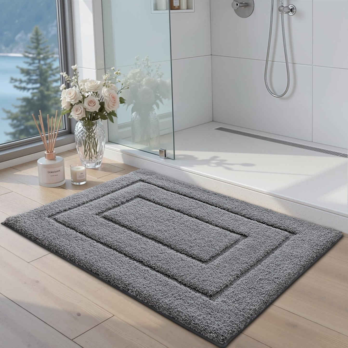 DEXI Bathroom Rug 43x24, Non Slip Washable Bath Mat for Shower Floor, Extra Large Absorbent Soft Bathmat with Rubber Backing, Quick Dry Microfiber Carpet, Grey