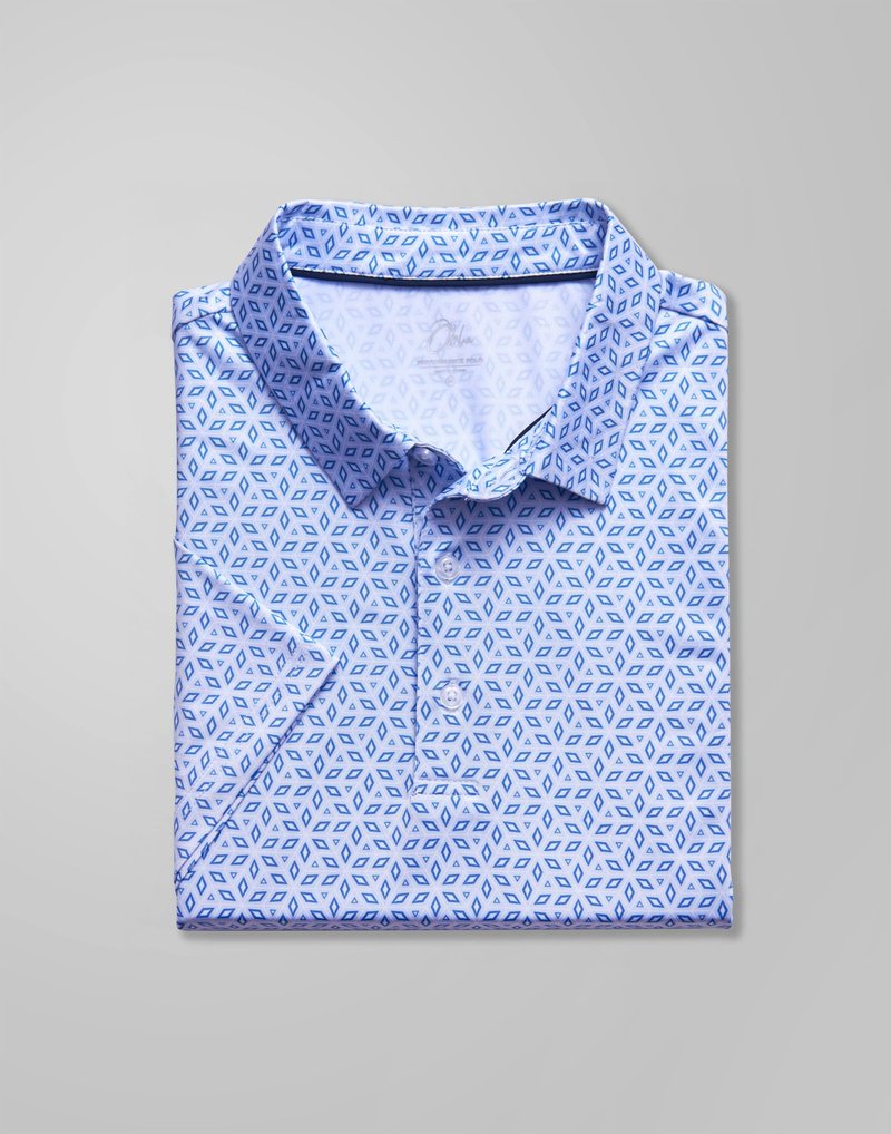 Obla Mens Golf Polo Shirts Short Sleeve Dry Fit Performance Moisture Wicking Casual Print Collared Golf Shirts for Men (Light Blue Diamond_M)