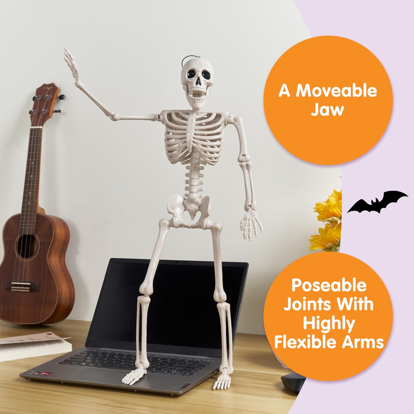 JOYIN 2 PCS 24” Halloween Skeleton Decor, 2 FT Full Body Stayable Posable Skeletons for Halloween, Yellow Human Plastic Bones with Movable Joints for Spooky Indoor Outdoor Decoration, Graveyard Prop