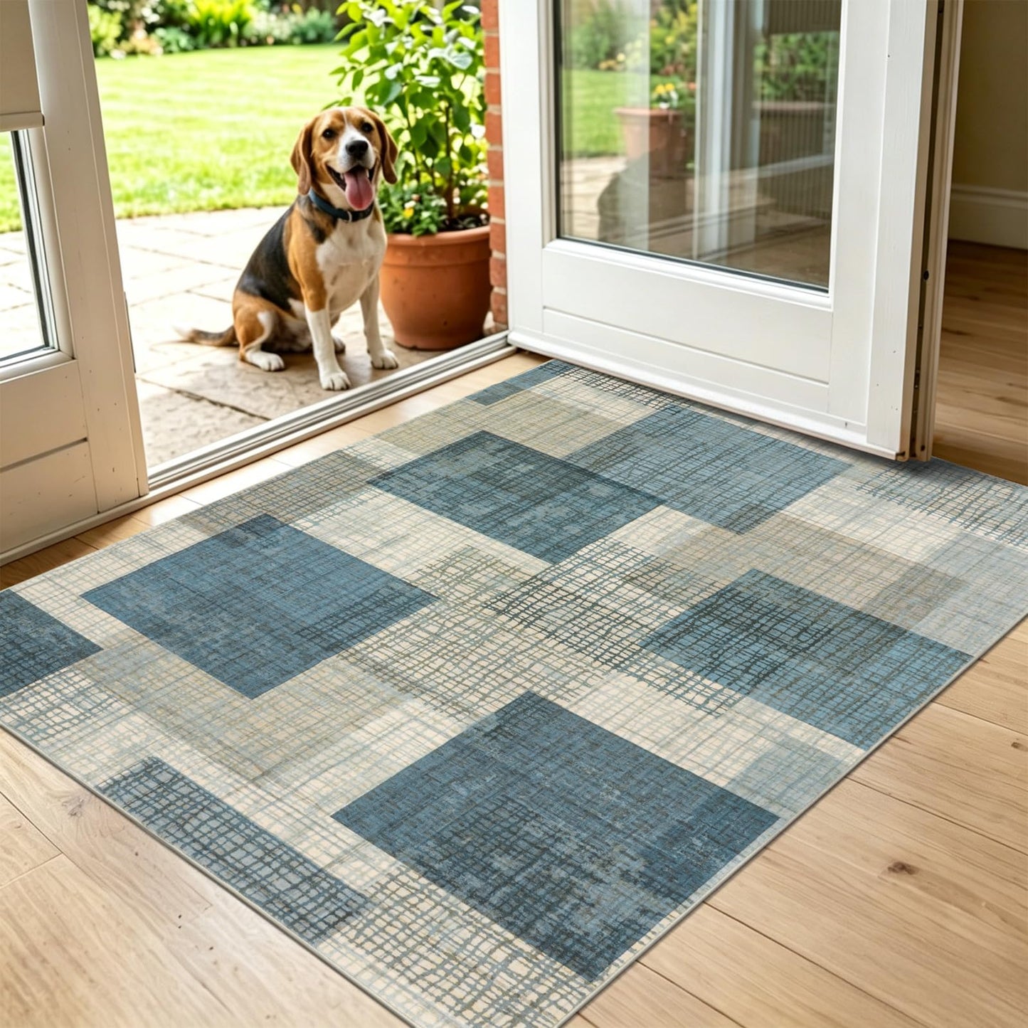 Ailyei Area Rugs 3x5 Kitchen Rugs Entry Rug for Inside House, Modern Geometric Entryway Rug Non Slip Stain & Fade Resistant, Grid Print Patchwork Area Rug for Entrance Bedroom Decor, Blue
