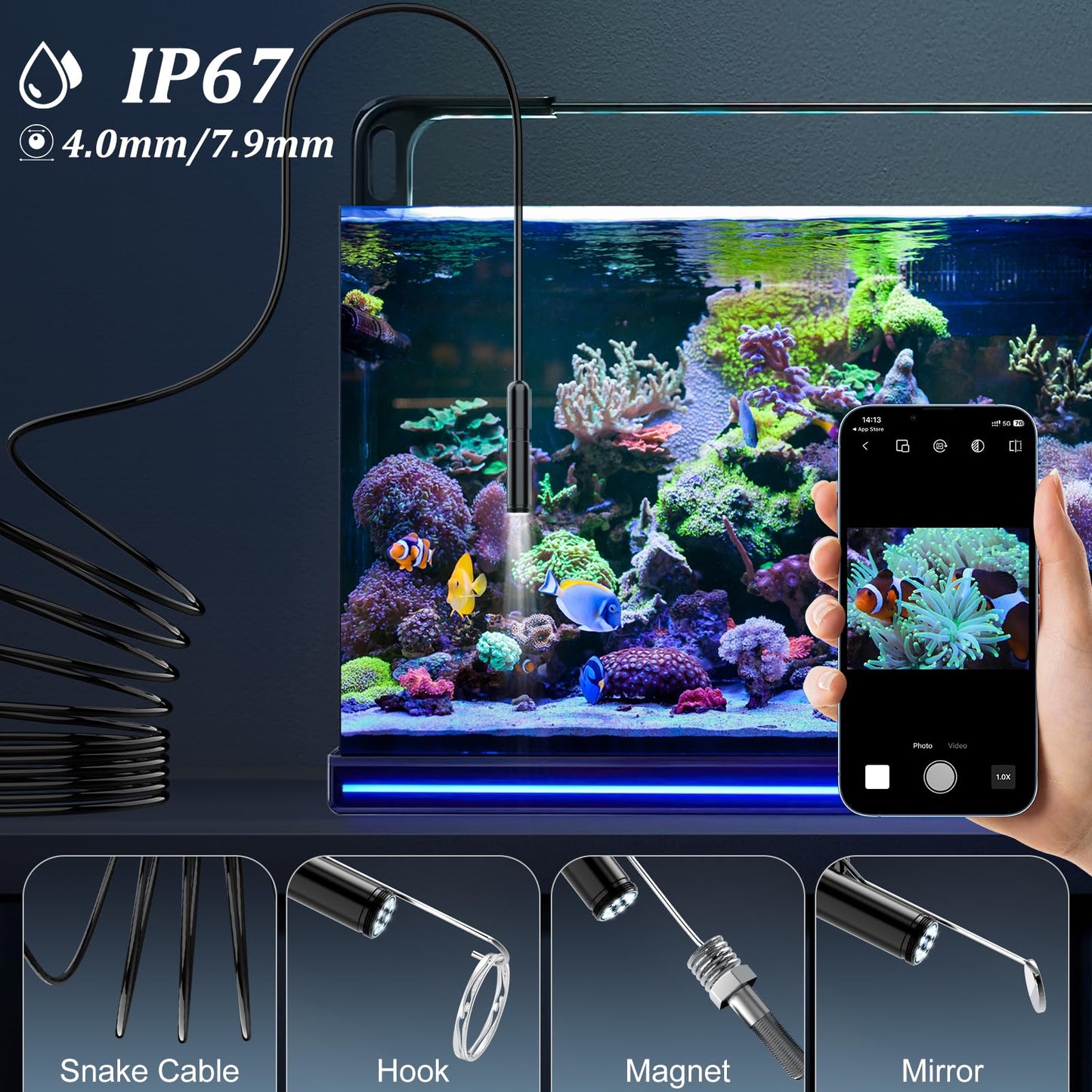 Endoscope Camera with Light, 1920P HD Borescope Camera with 8 Adjustable LED Lights, 16.4ft Semi-Rigid Snake Camera with Light, IP67 Waterproof 7.9mm Inspection Camera for iOS and Android