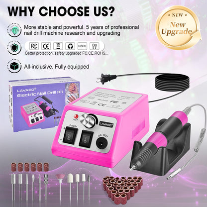 LAVAED Professional Nail Drill Electric Nail File Kit, Nail Filer Electric with 156pcs Sanding Bands and Nail Dril Bits for Acrylic, Gel Nail Manicure and Pedicure, Pink
