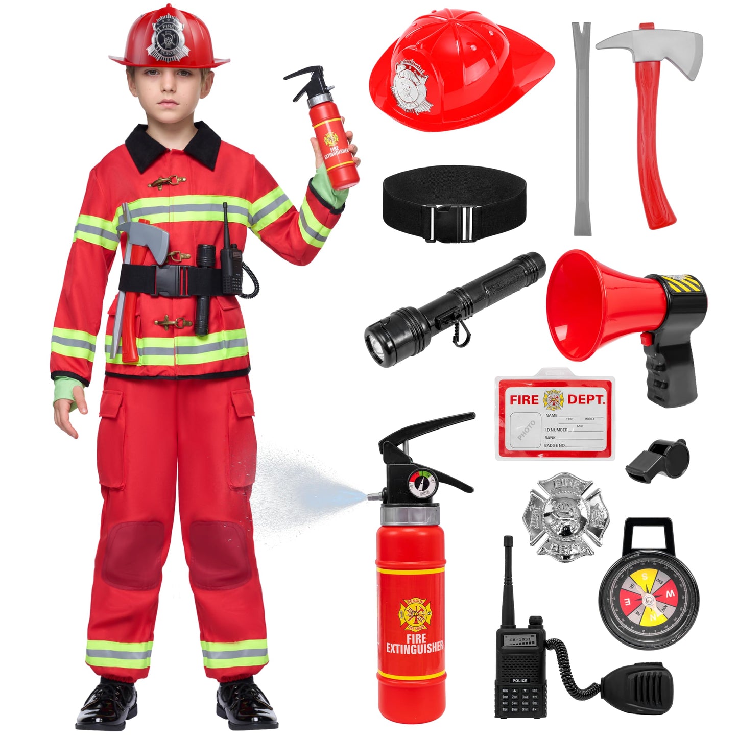 Spooktacular Creations Halloween Boys Fireman Costume, Firefighter Costume for Kids, Red Toddler Fireman Jumpsuit Accessories Set for Dress-up and Roleplay Party (3T, 3-4 yrs)