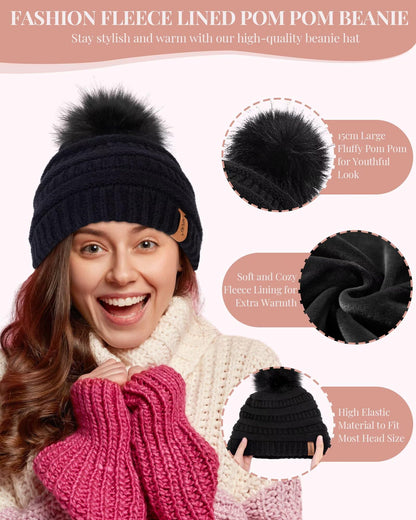 Womens Winter Beanie Hat Scarf Gloves Set, Cute Pom Pom Beanie with Warm Fleece Lined Long Knit Neck Scarf Touchscreen Gloves, 3 Piece Set for Cold Weather(Black)