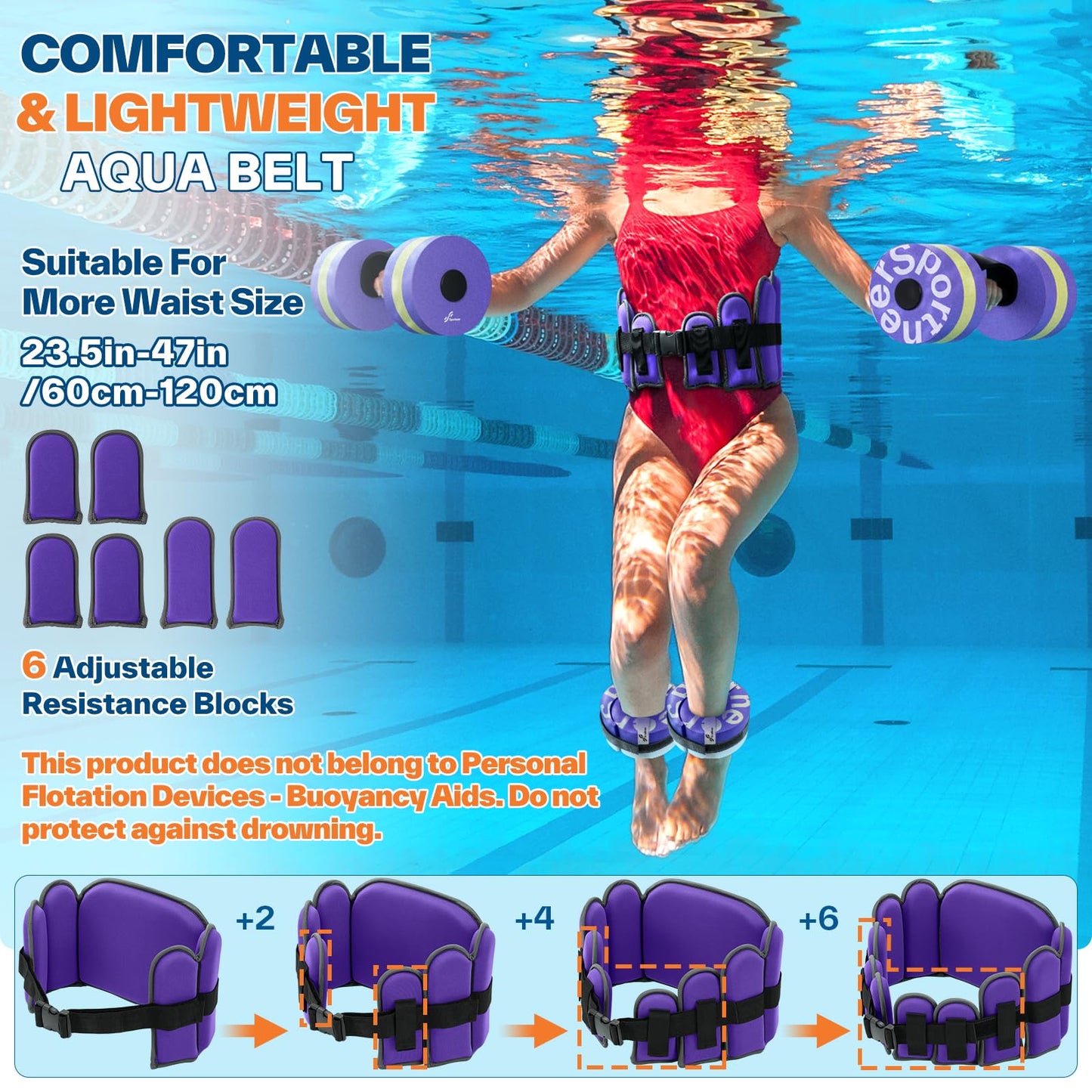 Sportneer Aqua Belt Water Aerobics Equipment: Swimming Belt Pool Exercise Equipment for Adults Aqua Float Belts with Adjustable Foam Blocks for Aquatic Fitness Training Low-Impact Workout Purple