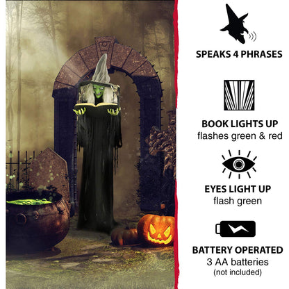 Haunted Hill Farm Life-Size Talking Witch Holding Spell Book, Halloween Animatronic with Touch Activated Lights and Sound, Poseable, Battery Operated Indoor or Covered Outdoor Halloween Decorations