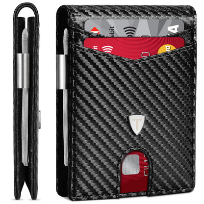 TEEHON Mens Wallets Slim RFID Blocking Carbon Fiber Leather Wallet with up to 12 Credit Card Holder, Strong Money Clip & ID Window Minimalist Bi-Fold Wallets for Men UK with Gift Box - Black
