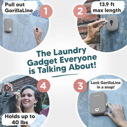 GorillaLine - Retractable Clothesline Indoor Outdoor Clothes Line | Heavy Duty Clothes Drying Laundry Line | Wall Mounted Drying Rack Clothing Line | Retracting Hanging | Lock to Prevent Sagging Gray