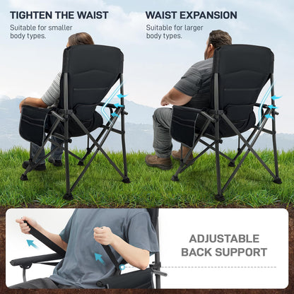 EVER ADVANCED Oversized Folding Camping Chair for Adults with Adjustable Lumbar Support, Heavy Duty Chair with Side Pockets, Portable Collapsible Quad Chair for Outside, Support Up to 500lbs,Black