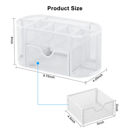 EasyPAG Mesh Desk Organizer, Multi-functional Stationery Organizer for School Supplies, Office Pen Holder for Desk, 9 Compartments Dorm Organization with Drawer, White
