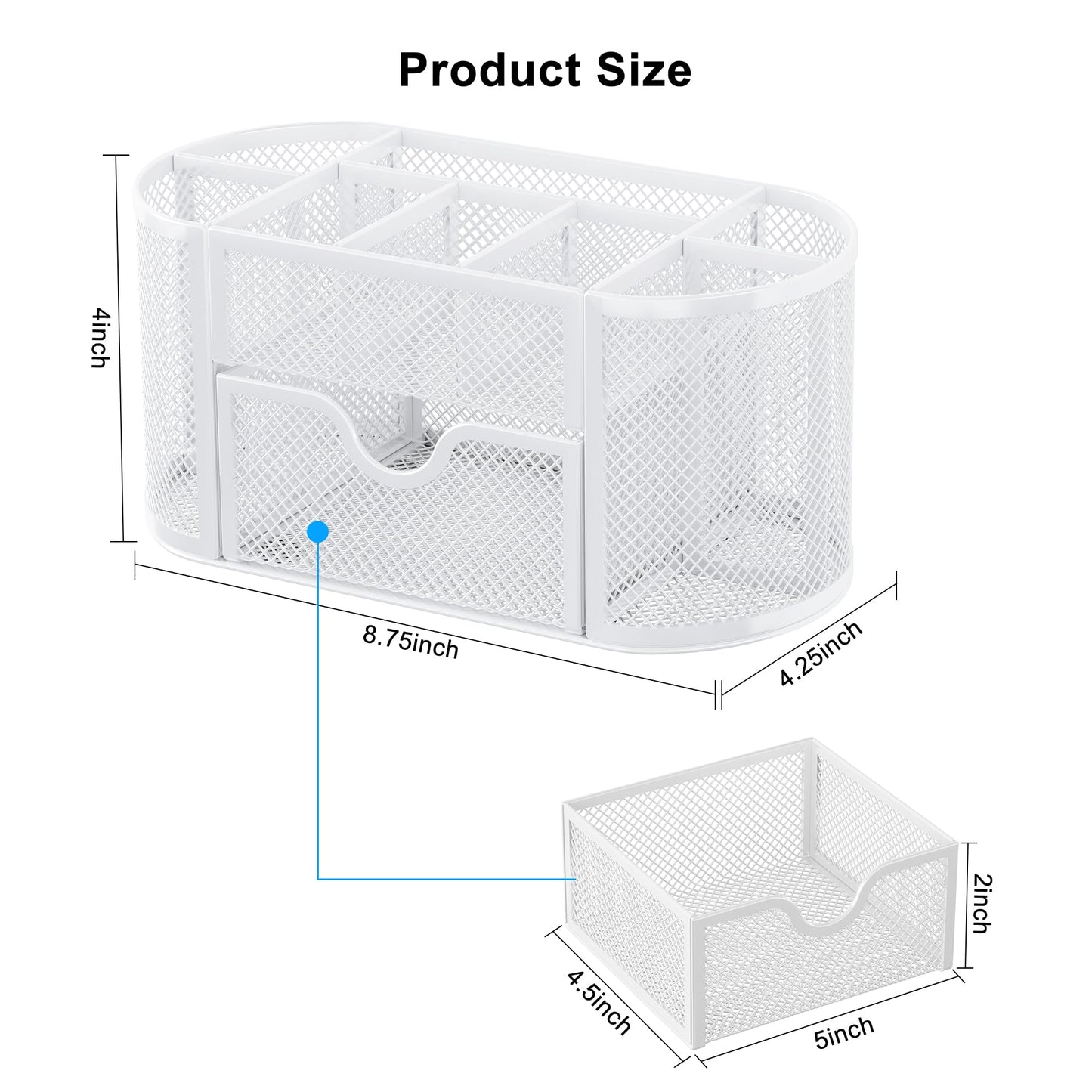 EasyPAG Mesh Desk Organizer, Multi-functional Stationery Organizer for School Supplies, Office Pen Holder for Desk, 9 Compartments Dorm Organization with Drawer, White