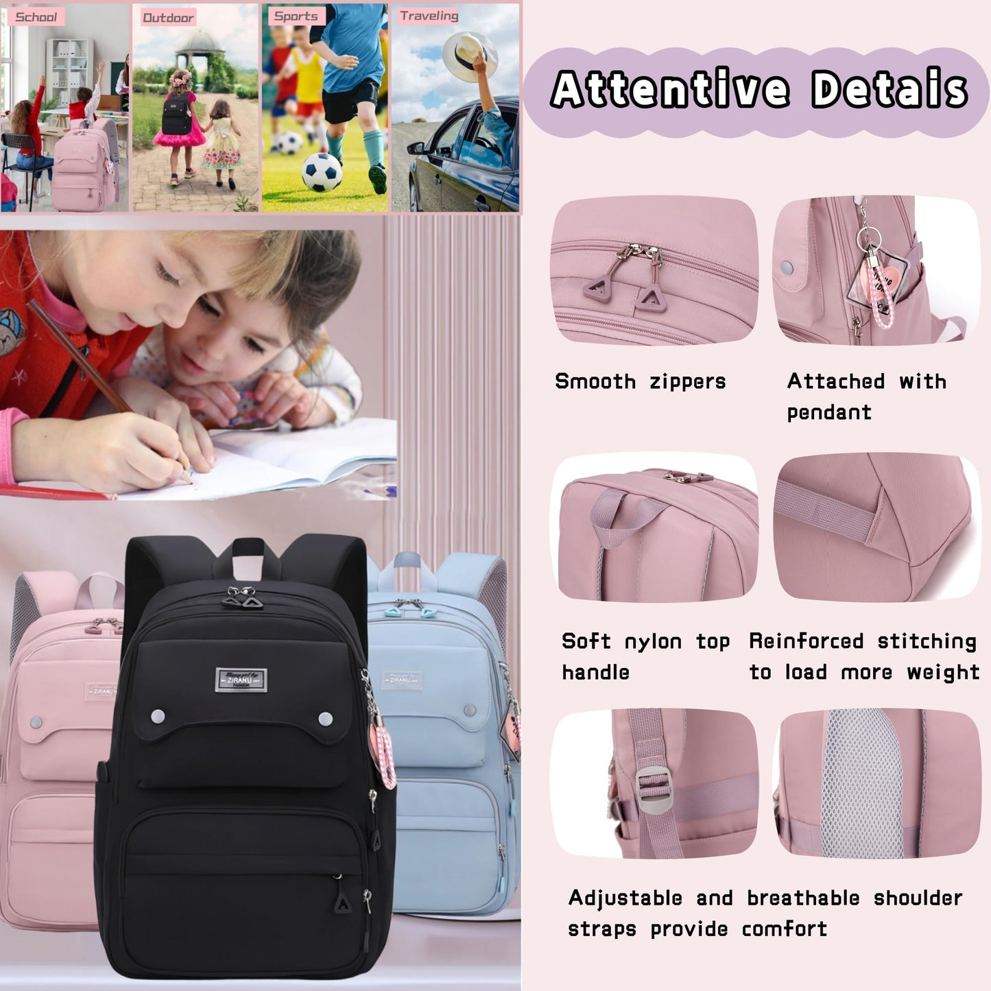 Solid Color School-Bags Backpacks for Teens Girls, Multi-pocket Elementary Girls Bookbags,Lightweight Casual Daypack