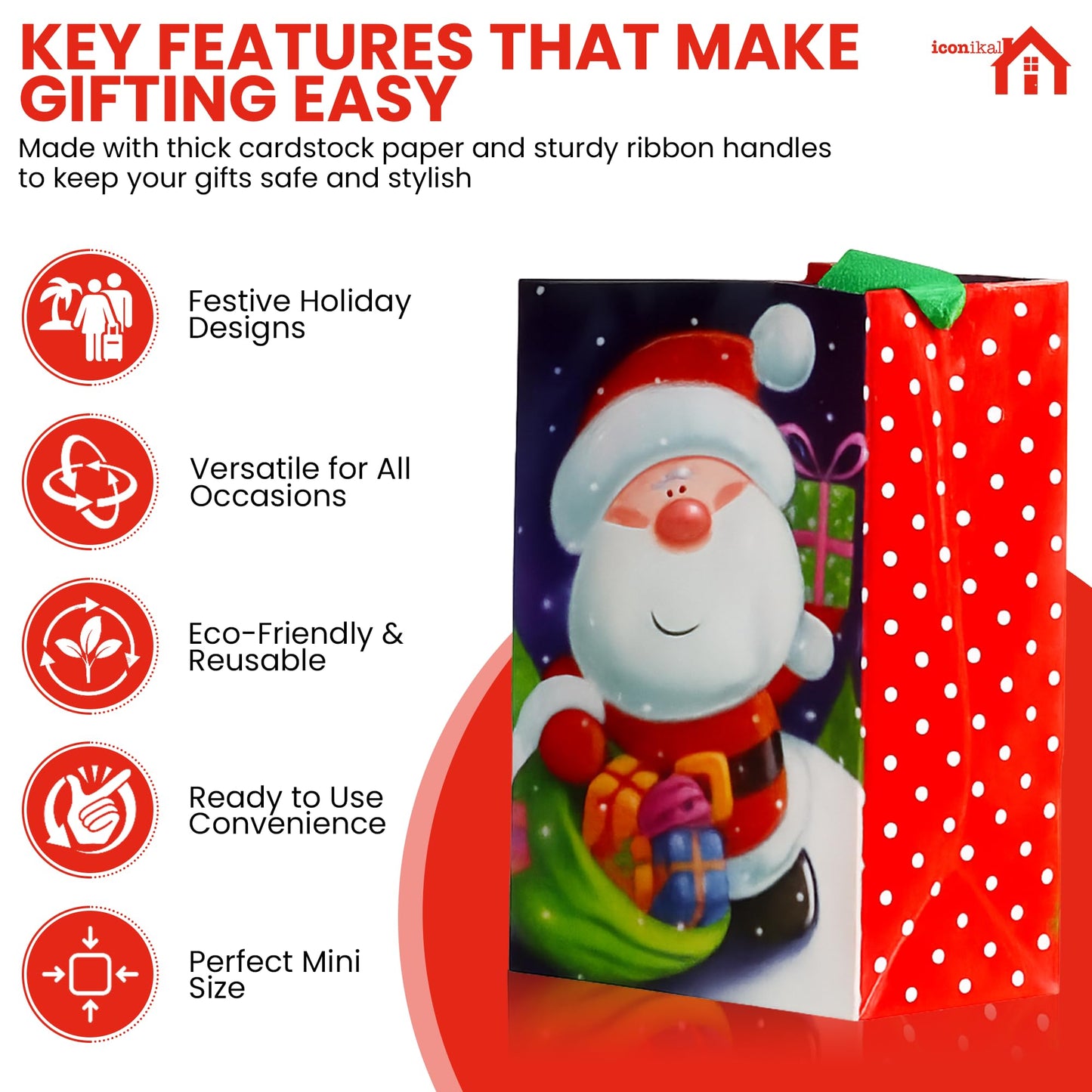 Iconikal 20-Pack Christmas Gift Bags, Small 4x6x2.5-Inch, Snowman Santa Reindeer, Ribbon Handles