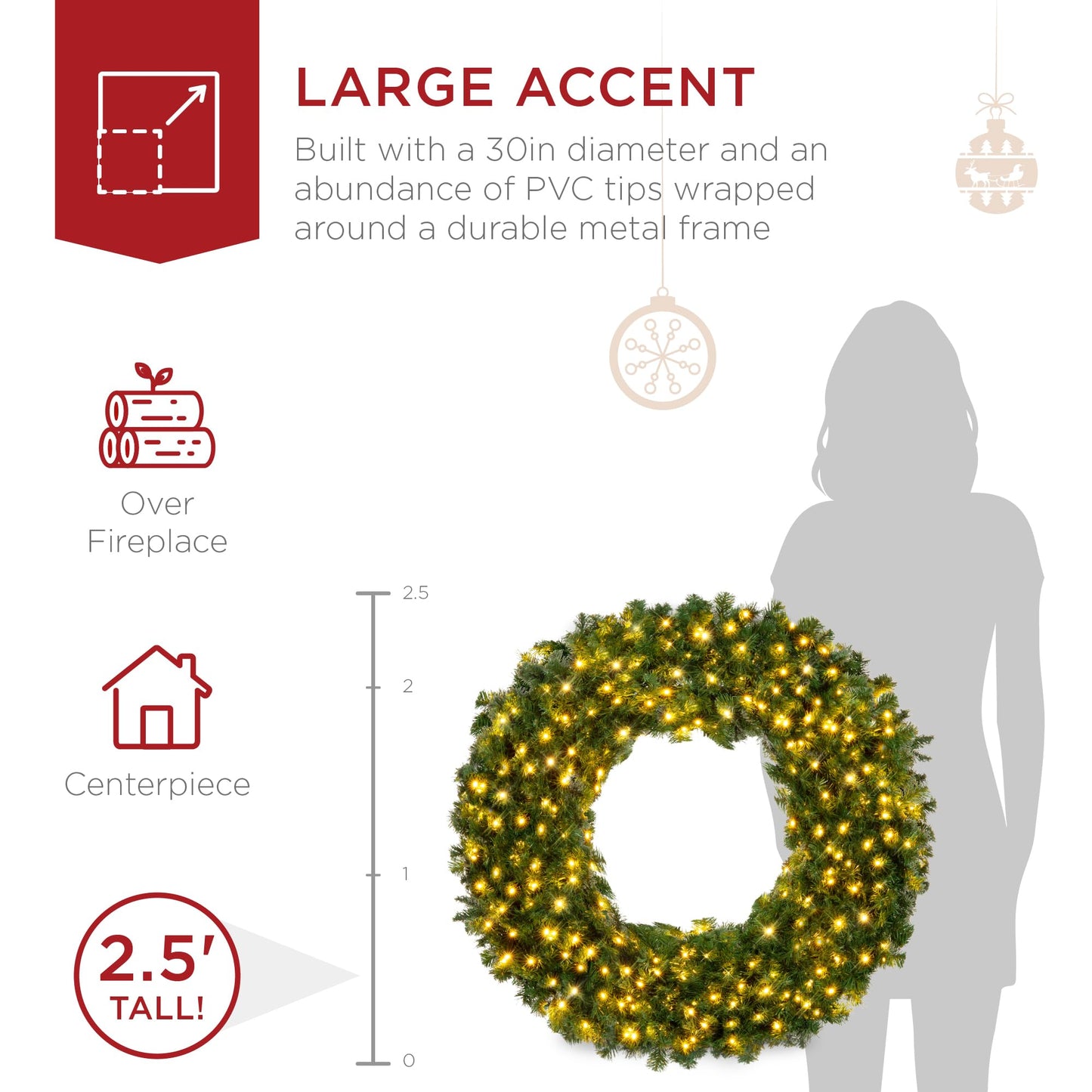 Best Choice Products 30in Large Artificial Pre-Lit Fir Christmas Wreath Holiday Accent Decoration w/ 100 LED Lights, 220 PVC Tips