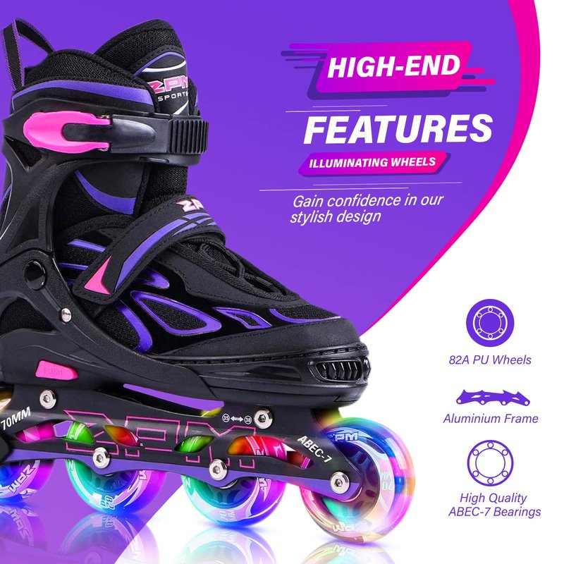 2PM SPORTS Vinal Girls and Boys Adjustable Flashing Inline Skates, All Wheels Light Up, Fun Illuminating for Kids and Women - Violet S
