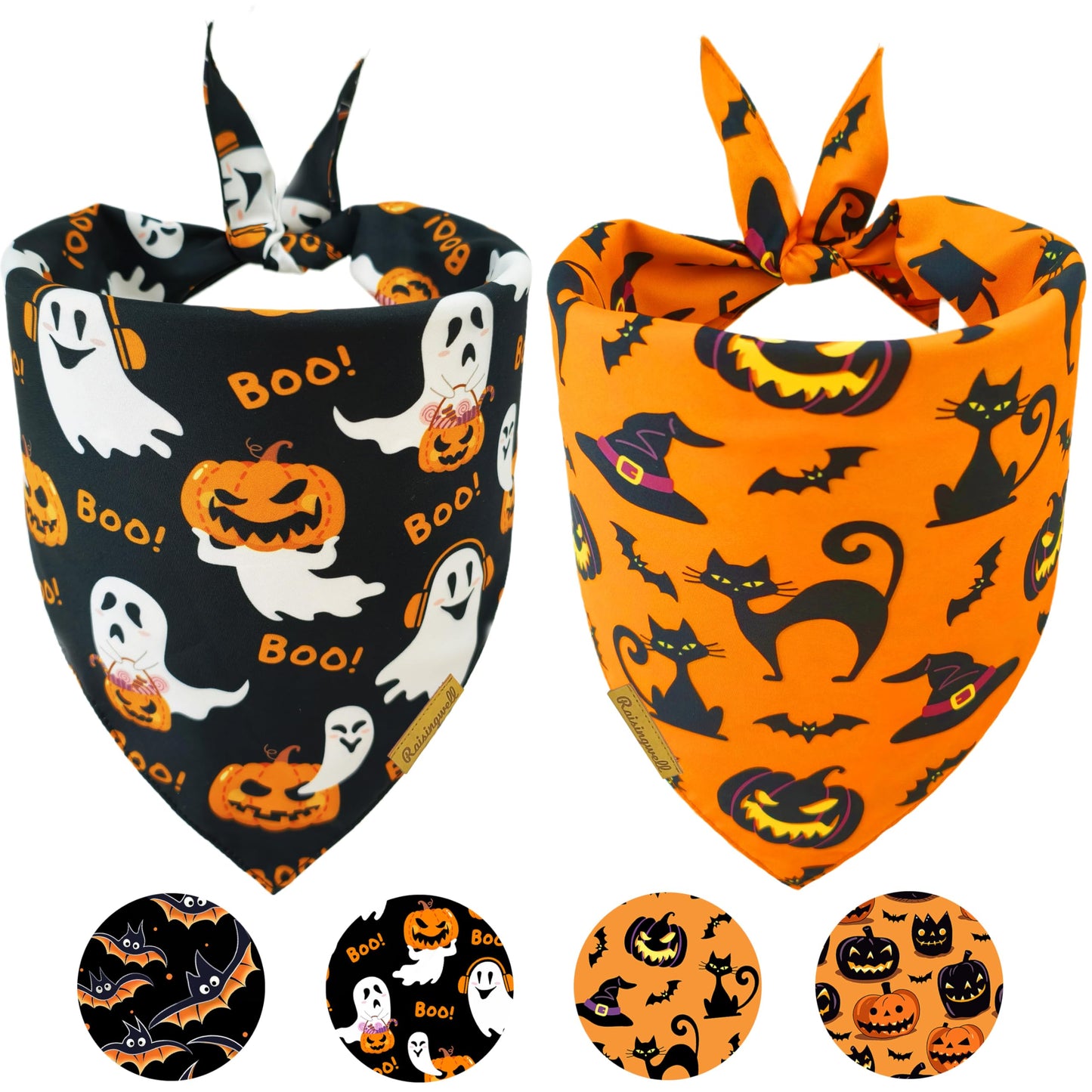 Raisingwell Halloween Dog Bandanas - 2 Pack Bat & Pumpkin Pattern Dog Bibs - Reversible, Washable & Durable - Suitable for Small to X-Large Breeds - Unisex