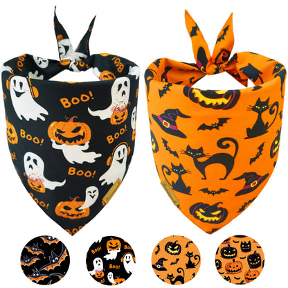 Raisingwell Halloween Dog Bandanas - 2 Pack Bat & Pumpkin Pattern Dog Bibs - Reversible, Washable & Durable - Suitable for Small to X-Large Breeds - Unisex