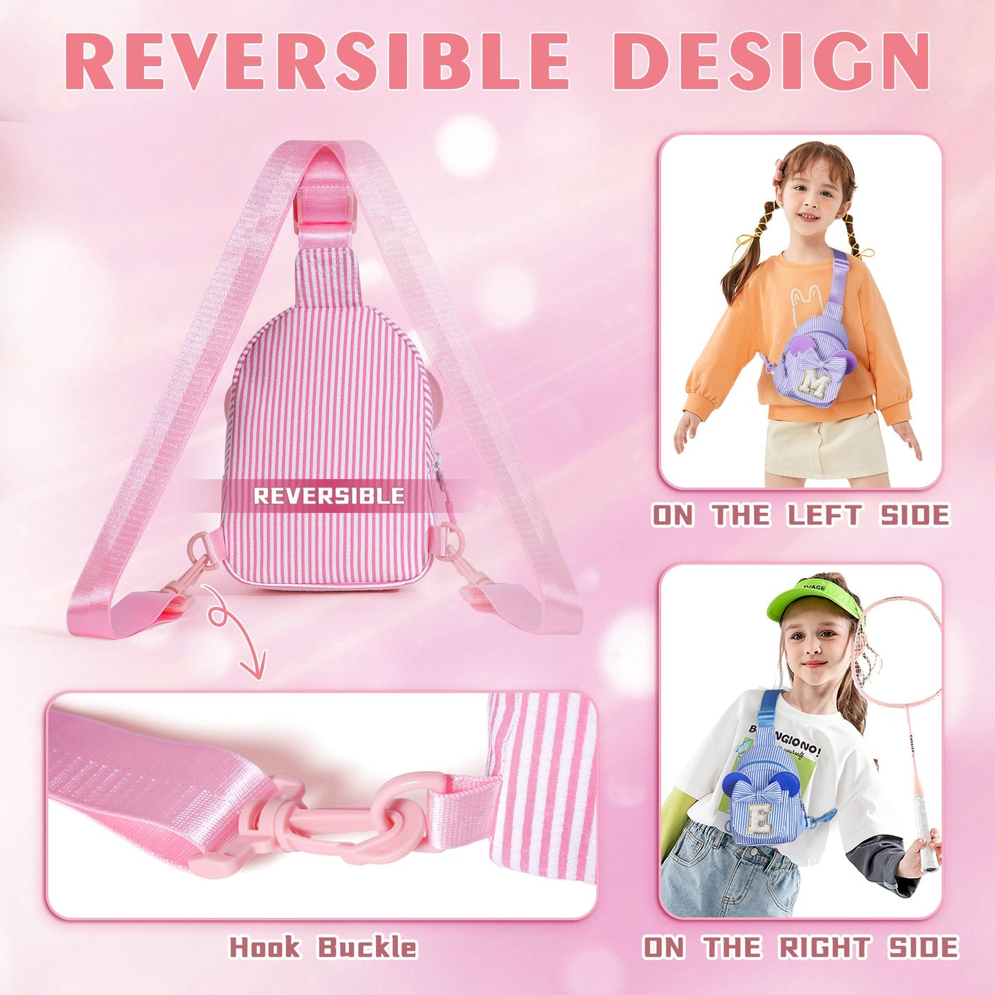 QLOVEA Valentines Day Gifts for Kids, Birthday Gifts for Girls Kids, Initial Pink Sling Bag for Kid Girl | Initial Monogram Fanny Packs Crossbody Bag Purse for Girl Kid Year Old Birthday Gift (Pink A)