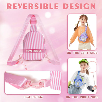 QLOVEA Valentines Day Gifts for Kids, Birthday Gifts for Girls Kids, Initial Pink Sling Bag for Kid Girl | Initial Monogram Fanny Packs Crossbody Bag Purse for Girl Kid Year Old Birthday Gift (Pink A)