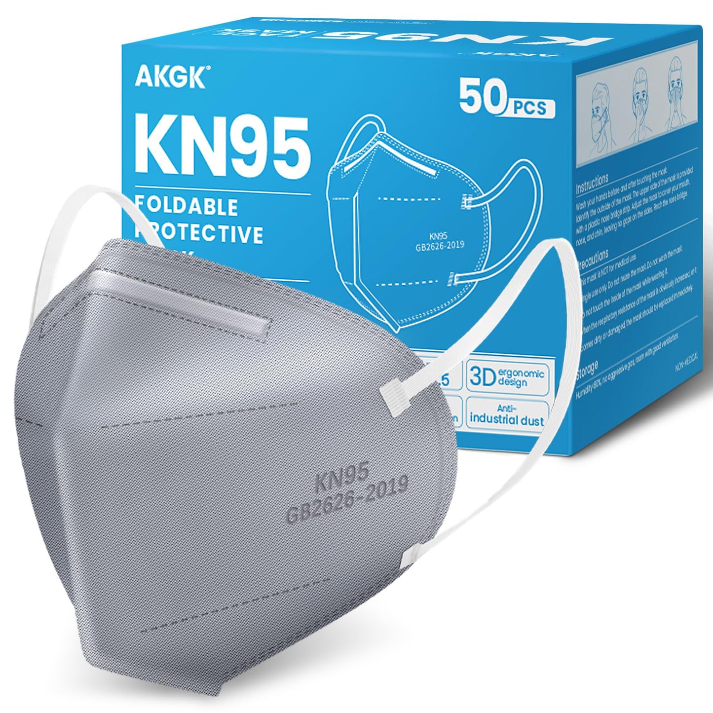 akgk KN95 Face Mask 50 PCS, Breathable Protection Masks, 5-Ply KN95 Grey Masks, Cup Dust Safety Masks