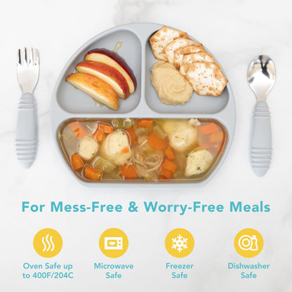 Bumkins Toddler and Baby Suction Plate, Divided Grip Dish for Babies and Kids, Baby Led Weaning, Feeding Supplies, Sticks to Tables and Highchairs, Platinum Silicone, for Chidren 6 Months, Gray