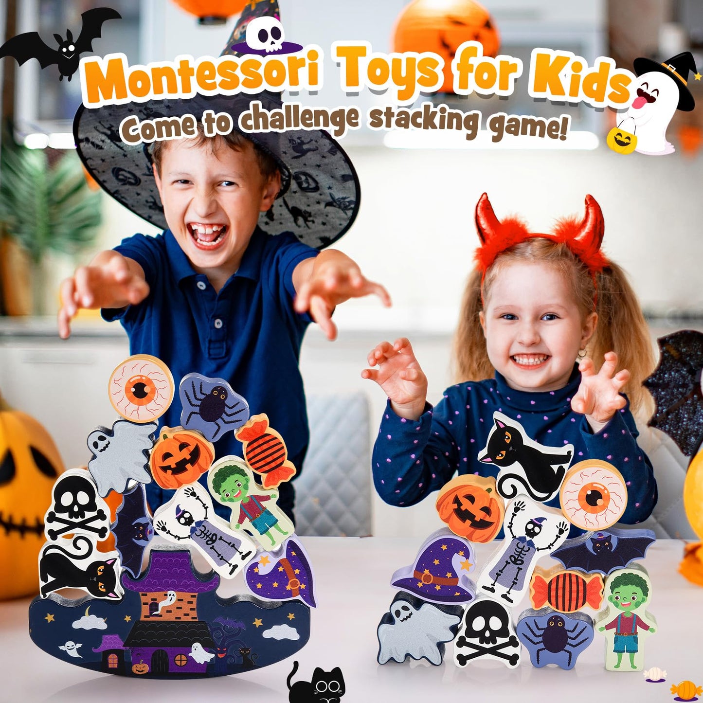IPOURUP Halloween Toys for Kids 3-10 Kids Wooden Stacking Blocks Toy Birthday Gifts for 4 5 6 7 8 9 Year Old Boys Girls Toy Kid Balance Competition Games for Ages 5-7 Party Favors Boo Basket Stuffers