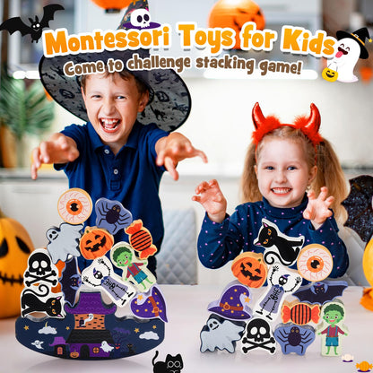 IPOURUP Halloween Toys for Kids 3-10 Kids Wooden Stacking Blocks Toy Birthday Gifts for 4 5 6 7 8 9 Year Old Boys Girls Toy Kid Balance Competition Games for Ages 5-7 Party Favors Boo Basket Stuffers