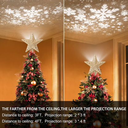 BLOOMWIN Christmas Tree Topper Lighted with Snowflake Projector, LED Rotating Hollow Snowflake, 3D Glitter Lighted Gold Star Tree Topper for Xmas Tree Festival Decorations Lights