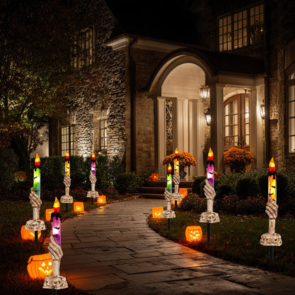 Dazzle Bright Halloween Decorations, 10 Pack Lighted Battery Operated Skeleton Hands Hold Candle with Stakes, Pathway Decor for Indoor Outdoor Party Home Garden