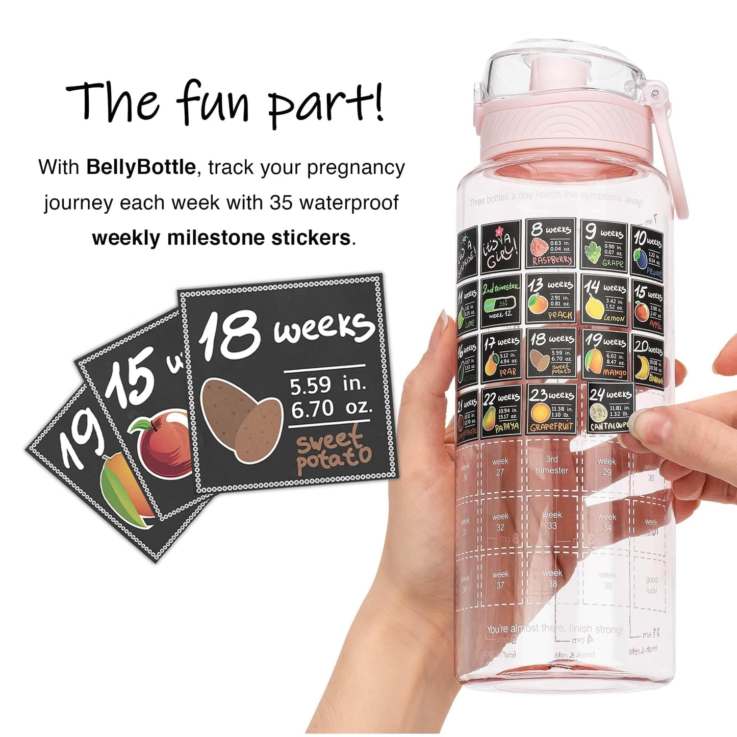 BellyBottle Pregnancy Water Bottle Tracker – Pregnancy Must Haves – Pregnancy Gifts for Expecting Mom – Pregnancy Essentials Nausea Relief – Weekly Stickers + Straw + BPA Free + Pink