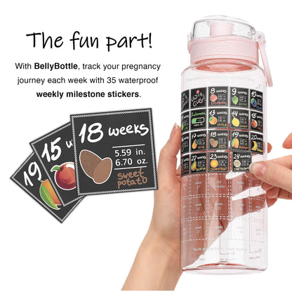 BellyBottle Pregnancy Water Bottle Tracker – Pregnancy Must Haves – Pregnancy Gifts for Expecting Mom – Pregnancy Essentials Nausea Relief – Weekly Stickers + Straw + BPA Free + Pink