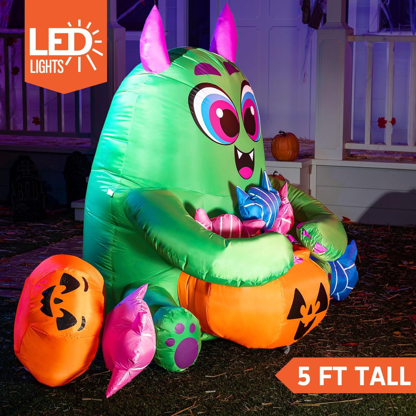 Joiedomi 5 Ft Long Cute Halloween Inflatables Monster with Candies Outdoor Decorations, Blow Up Monster with Build-in LEDs Halloween Inflatables for Indoor, Outdoor, Yard, Garden, Lawn Decorations