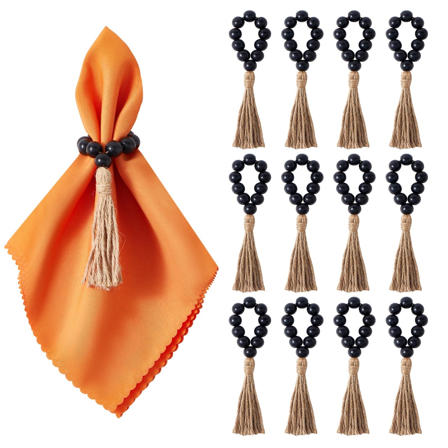 AWTWOW Napkin Rings Set of 12, Black Wooden Bead Napkin Rings for Table Decor, Hallowen Farmhouse Napkins Rings for Boho Table Decor, Fall Banquet, Wedding, Holiday Dinner Party