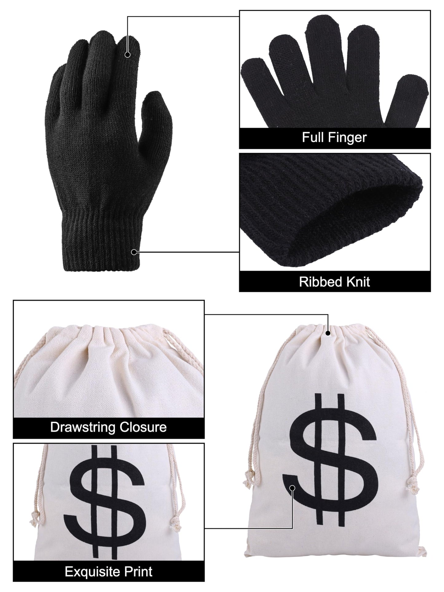 URATOT Halloween Robber Costume Set, Include Striped Long Sleeve T-Shirt Knit Cap Gloves Canvas Bags and Eye Mask