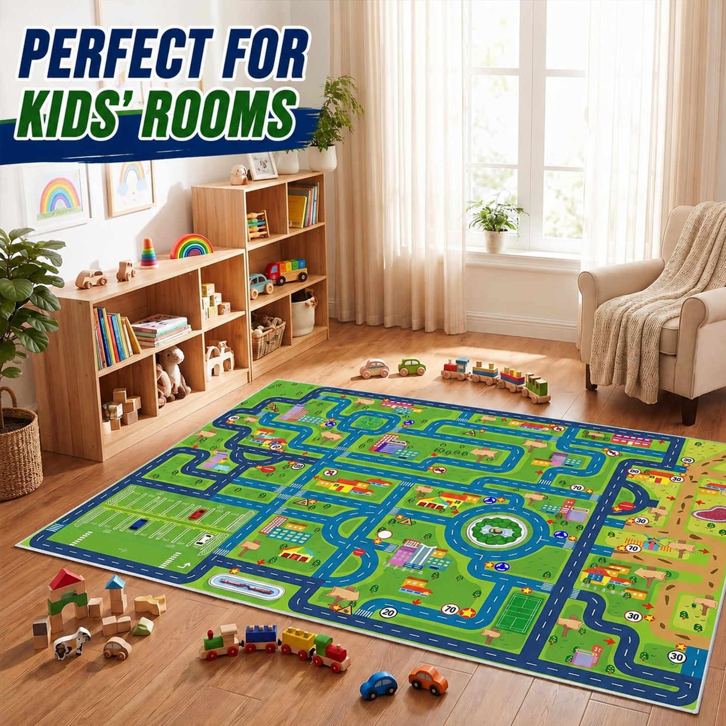 Car Rug Play Road Rug Kid Play Mat,Playroom Toy Car Mat, Kids Carpet City Map for Bedroom Classroom,Extra Large Thick (59X39.4 Inch)