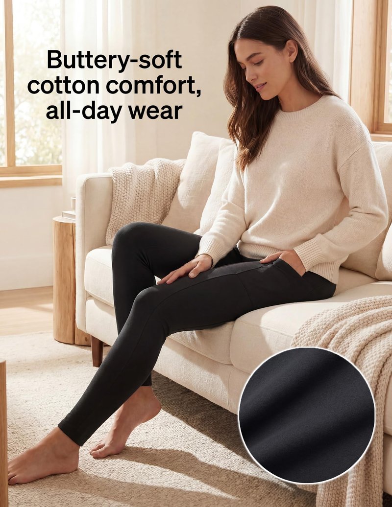No Nonsense Cotton Leggings for Women with Side Pockets, Workout Stretch Pull-On Pants, Black, X-Large