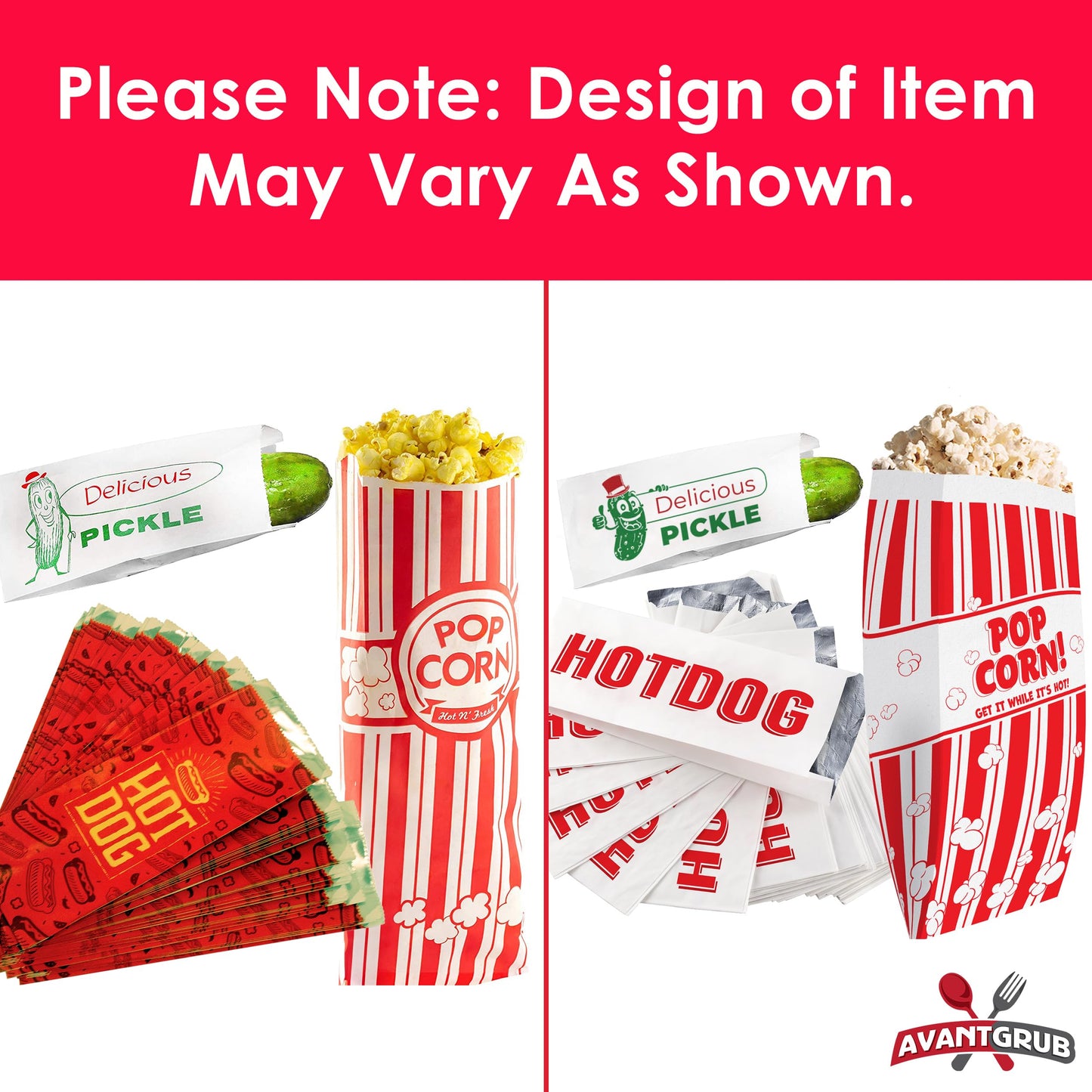 Super Fun, Grease-Proof Food Wrapper 150 Combo Pack. 50 Each Pickle, Hot Dog and Popcorn Durable Retro Bags. Snack Bag Trio for Party Favors or Treats. Great for Themed Parties, Carnival and Festival