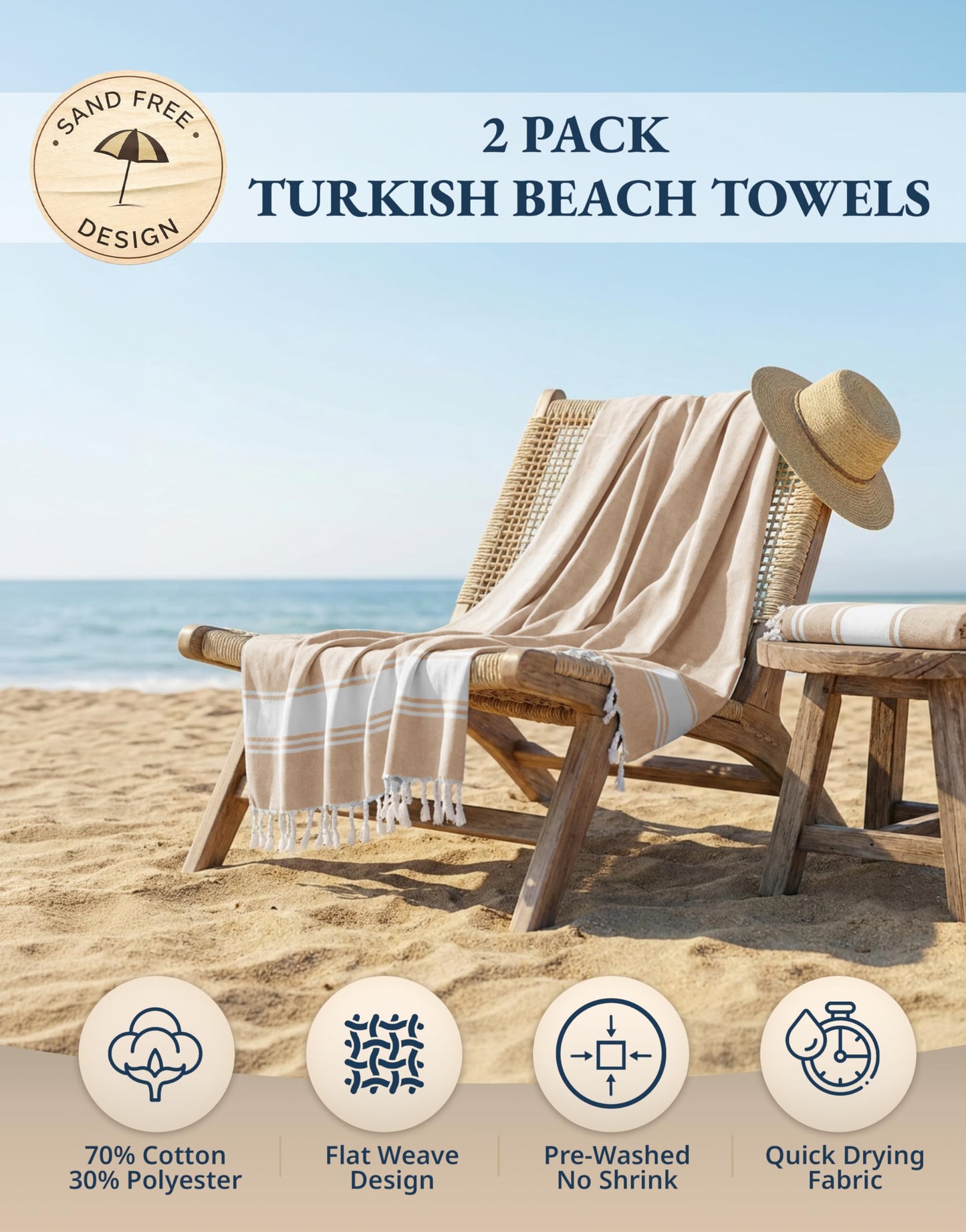 LANE LINEN Oversized Beach Towels, 2 Pack Turkish Towel Set for Adults, Lightweight, Quick Dry, Absorbent & Sand Proof, 39"x71" Pool Towels – Beige