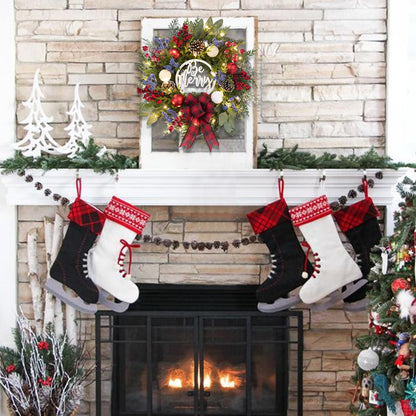 Prelit Christmas Wreath for Front Door Outside,22 inch Be Merry Wreath with red Black Buffalo Plaid Bow,Lighted Farmhouse Christmas decoration-30 LED Light/Timer,Winter Door Wreath, Porch Decor