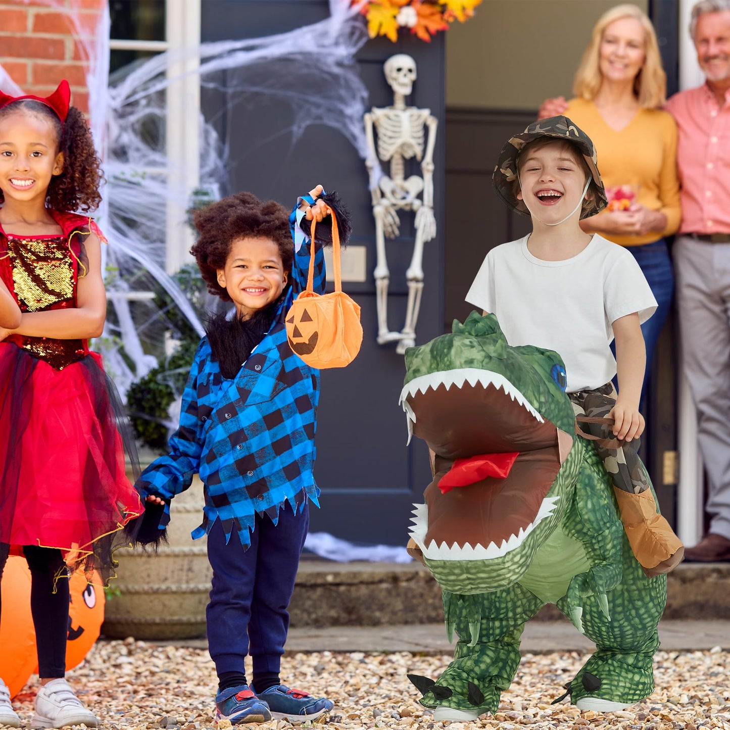 One Casa Inflatable Dinosaur Costume Riding T Rex Air Blow up Funny Party Halloween Costume for Kids (4-6 Yrs)