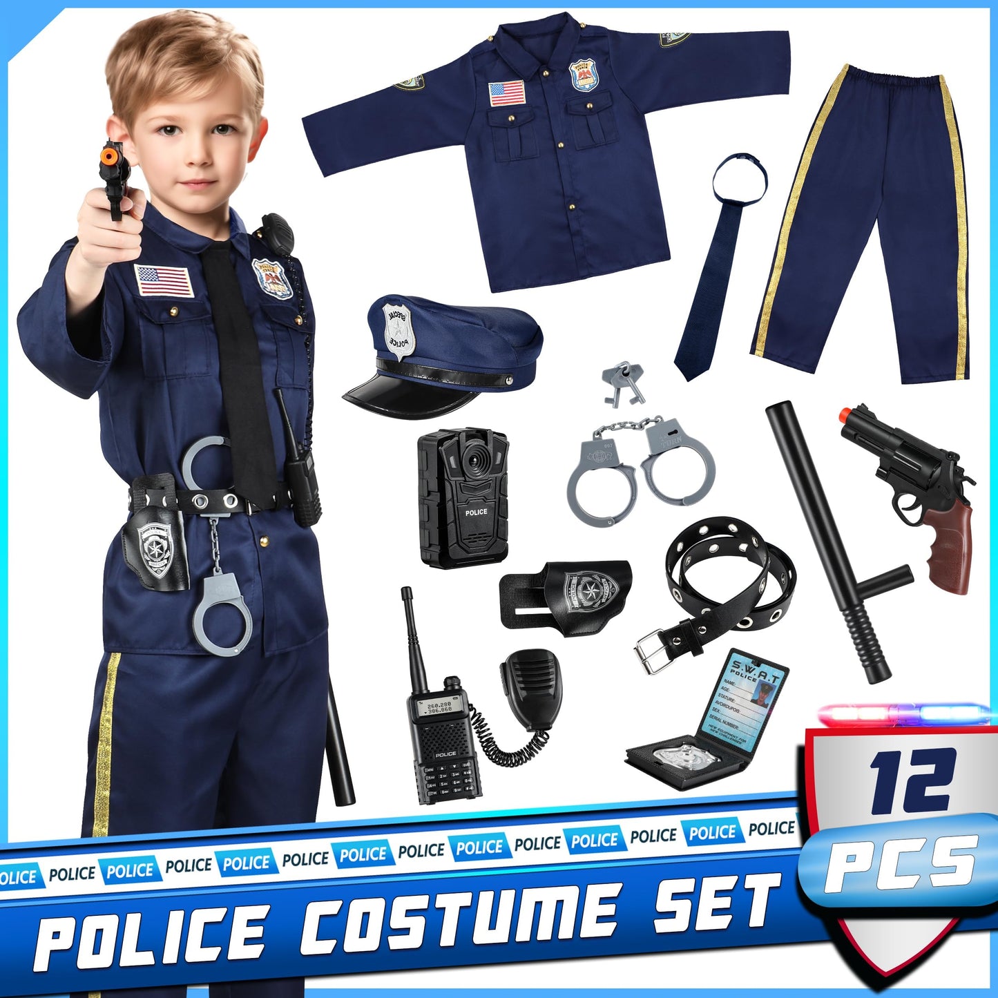 Joycover Police Officer Costume for Kids - Deluxe Police Costume for Kids with Accessories, Kids Halloween Costumes for Boys Girls, Cop Outfit Role Play Kit for Halloween Career Day-S