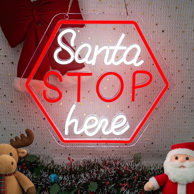 Santa Stop Here Neon Sign – Christmas LED Wall Light, Holiday Decoration for Home, Porch, or Party