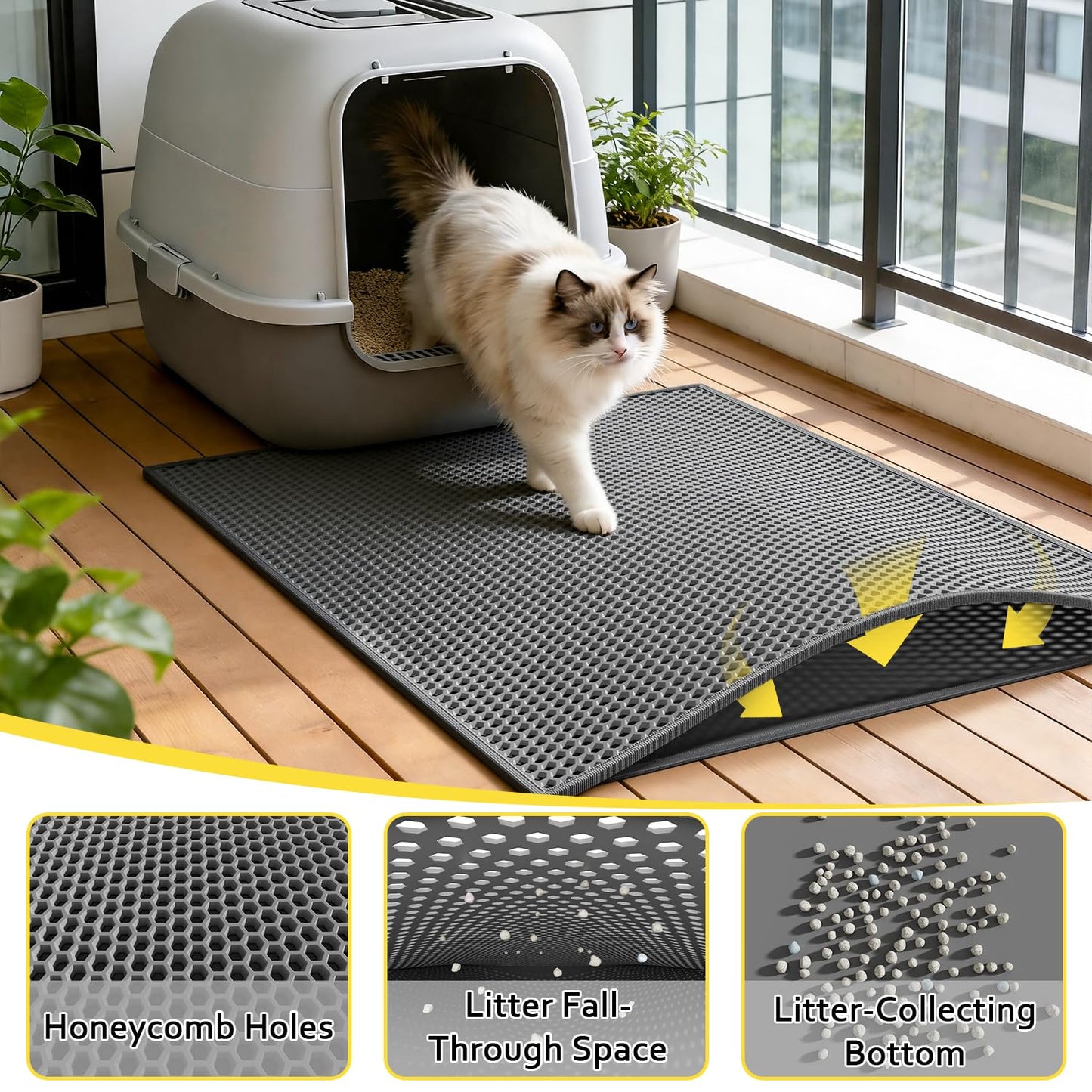 Kaxionage Cat Litter Mat, 30"X24" Large Double Layer Litter Trapping Mat, Waterproof/Urineproof, Easy to Clean Kitty Litter Mats for Floor, Scatter Control (Grey-1Pack)