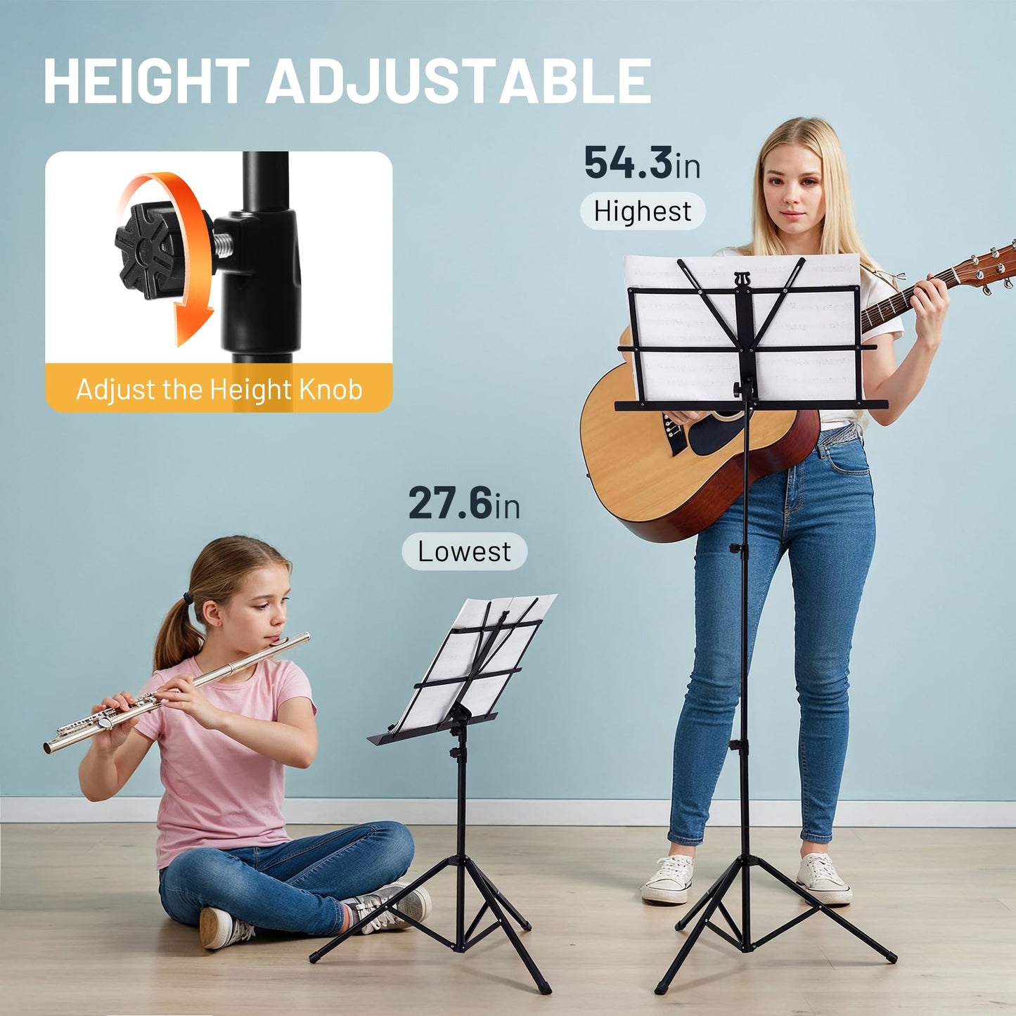 CAHAYA Portable Sheet Music Stand: Dual Use Desktop Book Holder Folding Lightweight Extra Stable Reinforced with Carrying Bag and Clip for Students Musicians Height Adjustable up to 54.3" CMS0204