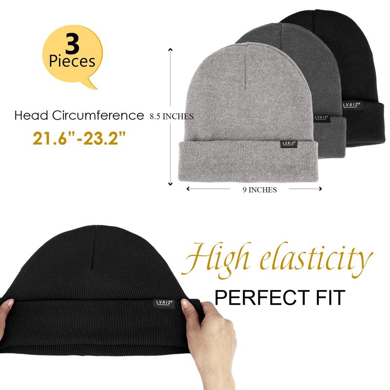 3 Pack Satin Lined Beanie Hats for Women Men Winter Silk Lined Soft Warm Knit Cuffed Beanies Cotton Crochet Slouchy Skull Cap