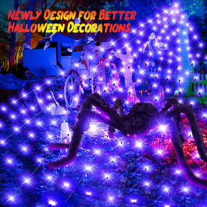 BlcTec Halloween Giant Spider Web Lights, 19.7ft x 14.7ft Lighted Black Spider Web with 250 LED, Sturdy Wire Halloween Web Lights with Waterproof, 8 Modes, Timer for Yard Haunted House Décor (Purple)