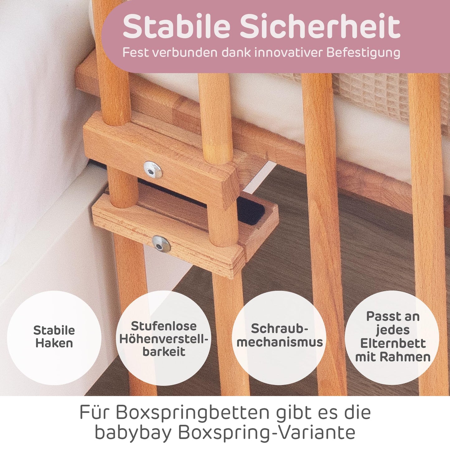 babybay Maxi Extra Large Side Bed Made of Solid Beech Wood/Children's Bed Height Fully Adjustable & Environmentally Friendly/with Mattress, Grid, Wheels (Natural Varnish)